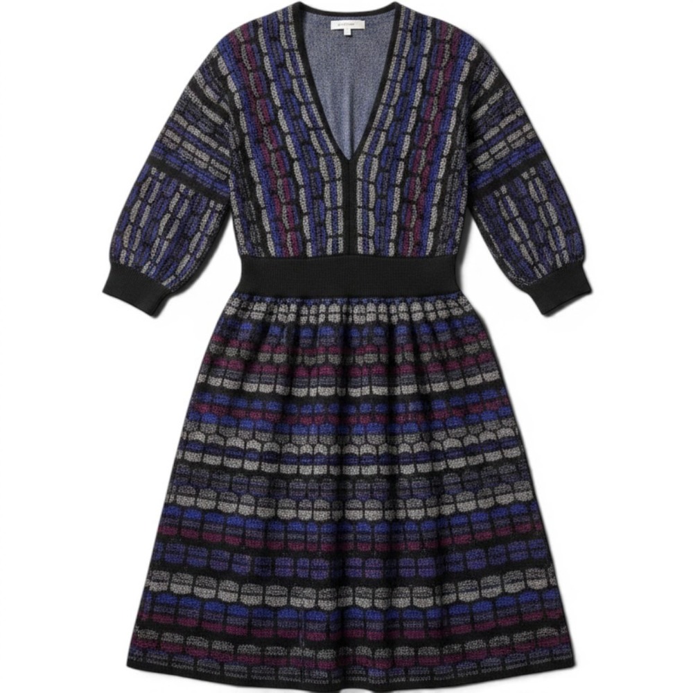 Laundry by Shelli Segal Metallic Geometric Knit V-Neck Dress Size M
